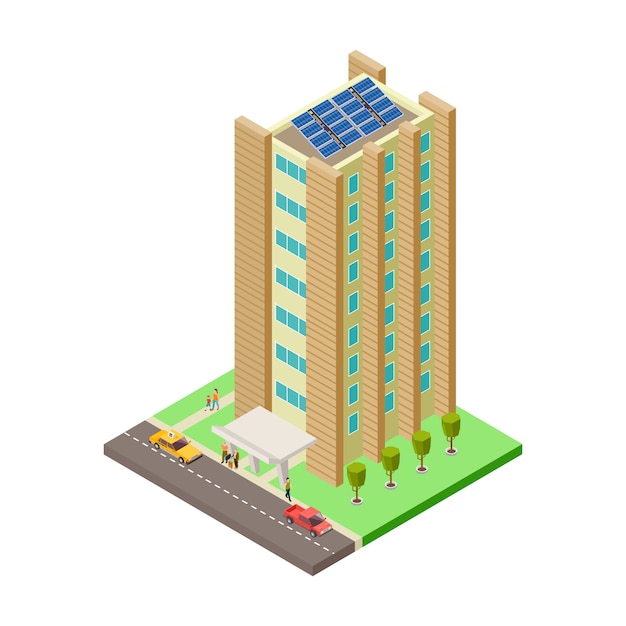 Edificio isométrico grande, coches, taxis y personas ilustración isométrica