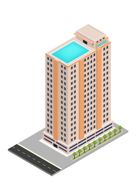 Vector edificio isométrico de hotel o rascacielos
