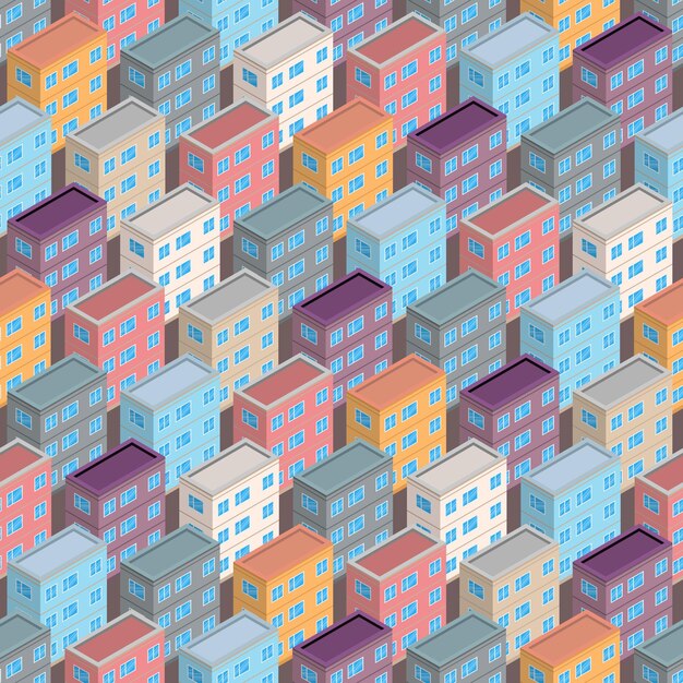 Edificio isométrico de patrones sin fisuras. Fondo del concepto de arquitectura urbana. Edificios de la ciudad en estilo isométrico. Ilustración vectorial.