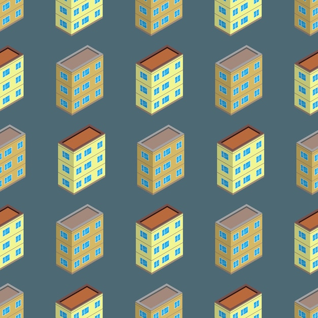 Edificio isométrico de patrones sin fisuras. Fondo del concepto de arquitectura urbana. Edificios de la ciudad en estilo isométrico. Ilustración vectorial.