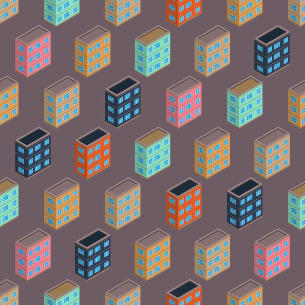 Edificio isométrico de patrones sin fisuras. Fondo del concepto de arquitectura urbana. Edificios de la ciudad en estilo isométrico. Ilustración vectorial.