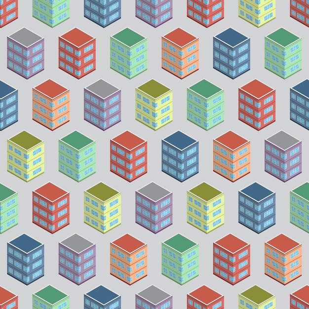 Edificio isométrico de patrones sin fisuras. Fondo del concepto de arquitectura urbana. Edificios de la ciudad en estilo isométrico. Ilustración vectorial.