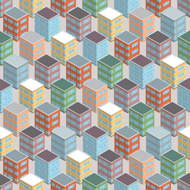 Edificio isométrico de patrones sin fisuras. Fondo del concepto de arquitectura urbana. Edificios de la ciudad en estilo isométrico. Ilustración vectorial.