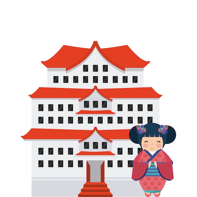 Vector edificio japonés y lindo icono de chica japonesa