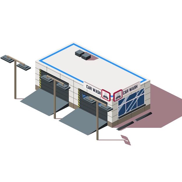 Edificio de lavado de autos en 3dIlustración isométrica de lavado de autosIcono de edificio de lavado de autosLavado de autos aislado sobre un fondo blanco hay un lugar para una inscripción