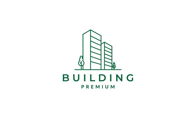 Edificio de líneas modernas con árboles logotipo símbolo vector icono ilustración diseño gráfico