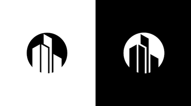 Edificio logo monograma círculo blanco y negro icono ilustración estilo Diseños plantillas