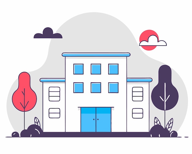 Edificio de logotipo en paisaje con ilustración de diseño plano