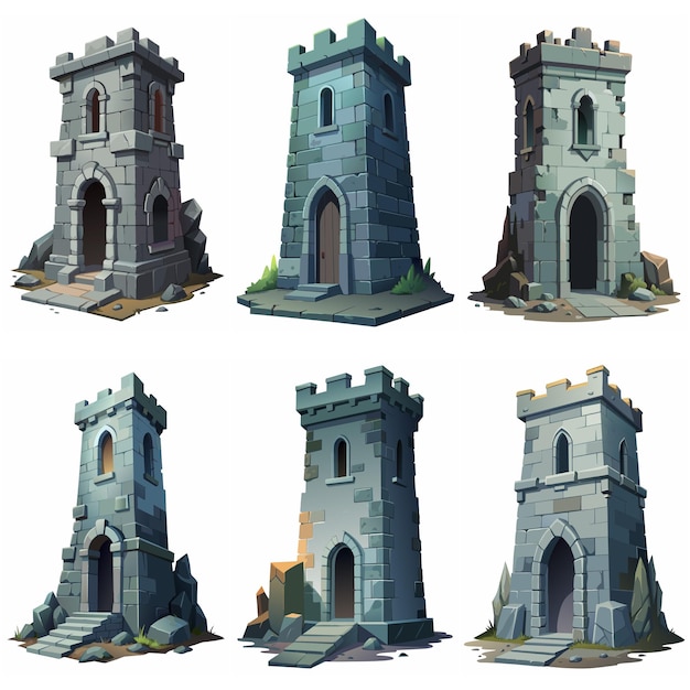 Edificio medieval de torre de ladrillo de piedra Casa de la puerta del castillo Torre de vigilancia del fuerte Edificio de dibujos animados Estilo de juego RPG