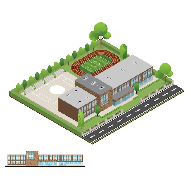 Edificio moderno 3D y escuela con cerca de árboles ambientales y caminos Isométricos de la universidad