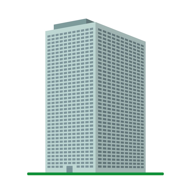 Un edificio moderno de gran altura sobre un fondo blanco. Vista del edificio desde abajo. Ilustración vectorial isométrica.