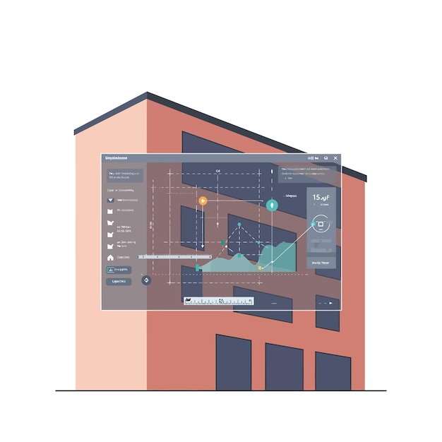 Edificio moderno con superposición de interfaz de análisis de datos en diseño de ilustración vectorial