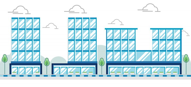 Vector edificio de oficinas comerciales moderno y plano