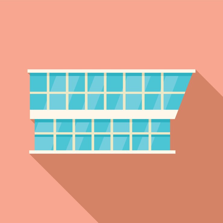Vector edificio de oficinas moderno con ventanas azules que proyectan una larga sombra en la pared rosa