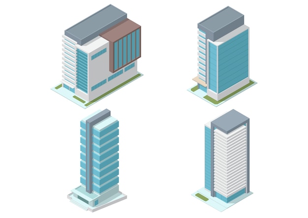 Edificio de oficinas de rascacielos isométrico conjunto aislado en blanco