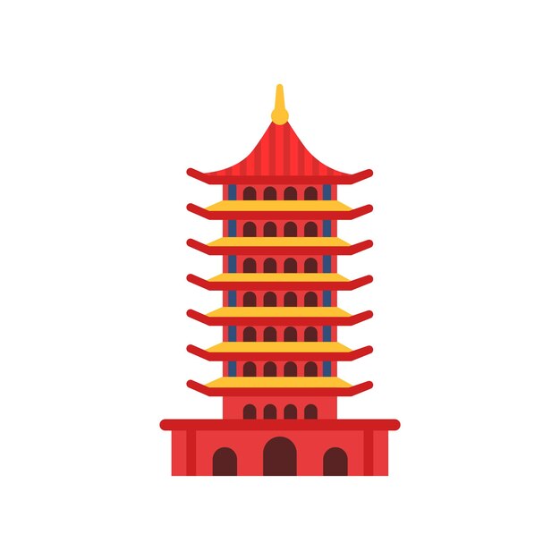 Edificio de pagoda china Torre de varios niveles de dibujos animados en estilo plano Templo budista Concepto de arquitectura antigua Símbolo cultural de China Icono en color rojo Ilustración vectorial aislada en blanco