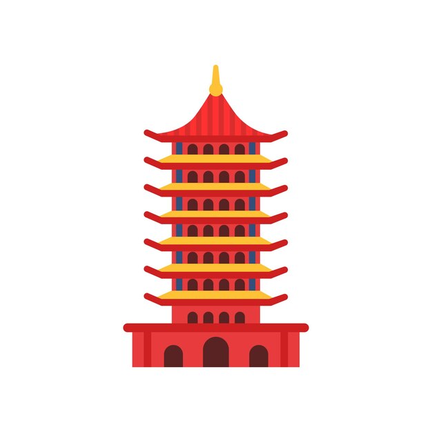 Vector edificio de pagoda china torre de varios niveles de dibujos animados en estilo plano templo budista concepto de arquitectura antigua símbolo cultural de china icono en color rojo ilustración vectorial aislada en blanco