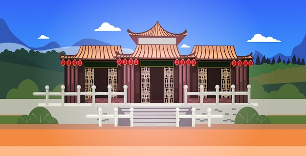 Edificio pagoda en estilo tradicional pabellones arquitectura asiática paisaje paisaje fondo horizontal ilustración