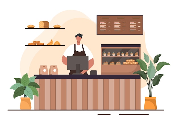 Edificio de panadería que vende varios tipos de pan, como pastelería de pan blanco y otros, todos horneados en fondo plano para ilustración de afiches