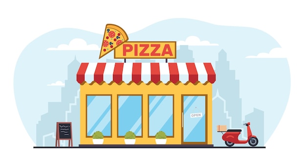 Edificio de pizzería en la ciudad fachada de restaurante italiano cafetería de vista frontal construcción de comida rápida scooter de entrega arquitectura urbana con puerta y ventanas de vidrio concepto vectorial plano de dibujos animados