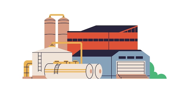 Edificio de planta industrial con tanques de almacenamiento, tuberías, cisternas. Estructura de fábrica de industria pesada abstracta. Refinería de petróleo, estación petroquímica. Ilustración de vector plano aislado sobre fondo blanco
