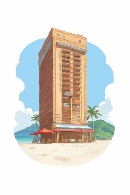 Vector un edificio en una playa con una palmera en el fondo