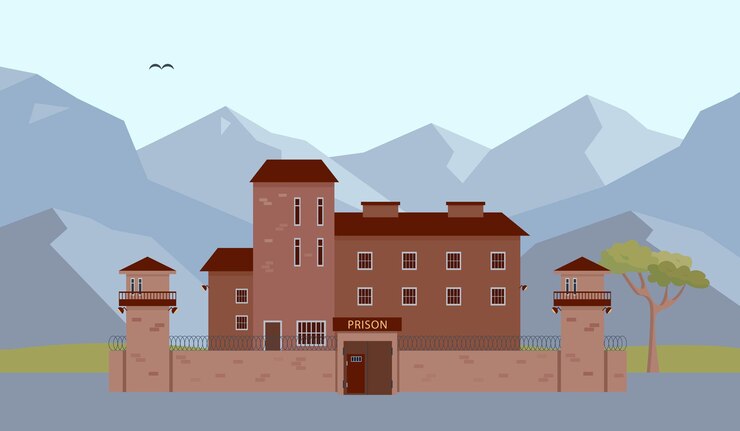 Vector edificio de la prisión en las montañas fachada de la cárcel y prisión con torre y valla