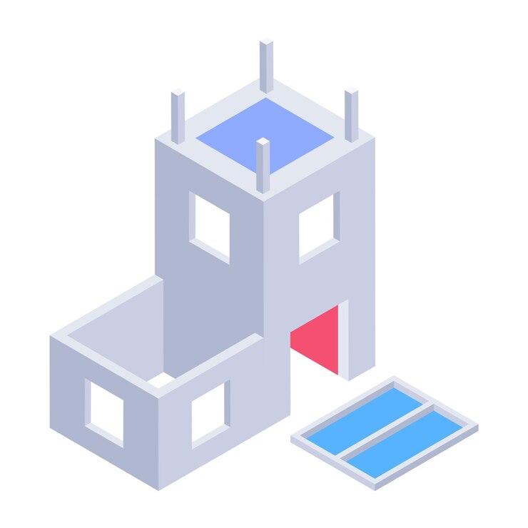 Vector un edificio con una puerta roja y un tanque de agua azul