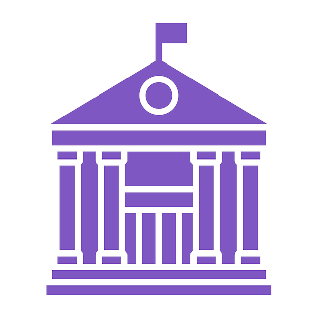 Vector un edificio púrpura con una parte superior redonda y un símbolo redondo en la parte superior