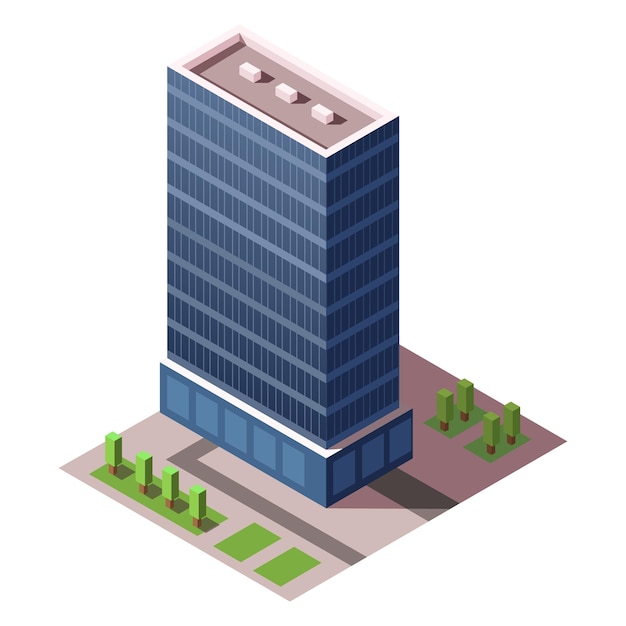 Edificio de rascacielos isométrico Oficina de negocios y torres comerciales Desarrollo de la ciudad en diseño 3D Elementos de la calle de la arquitectura del paisaje urbano financiero para el mapa Ilustración vectorial
