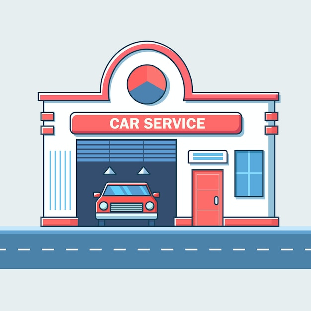 El edificio de reparación de automóviles Estación de servicio de automóviles Vector en estilo plano
