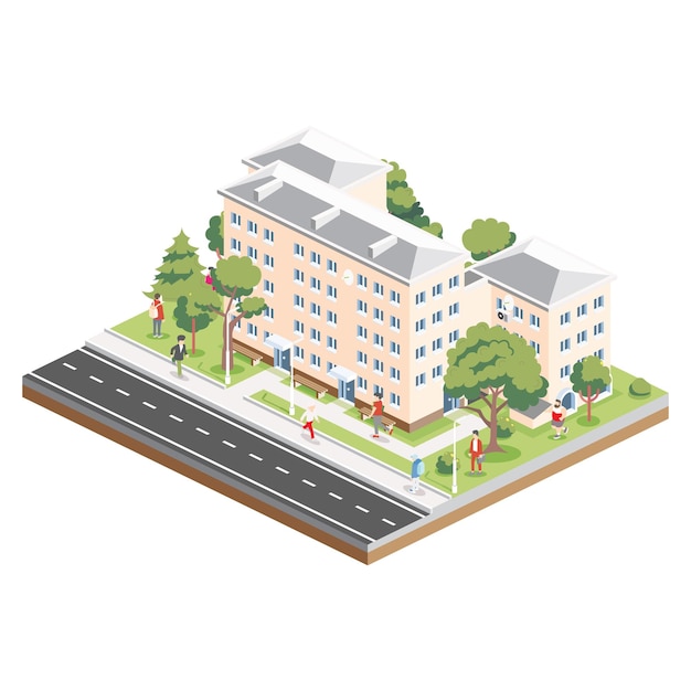 Edificio residencial isométrico de cinco pisos con personas, carretera y árboles Icono o elemento infográfico Casa de la ciudad Símbolo arquitectónico aislado en fondo blanco Objeto 3D