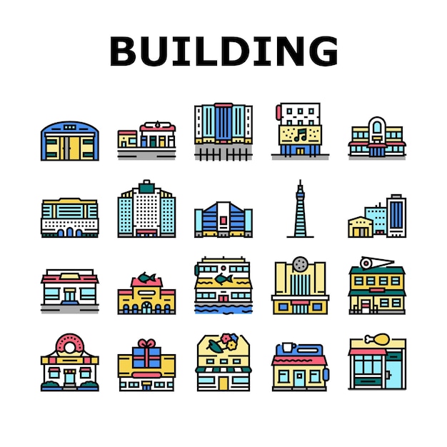 edificio, restaurante, y, tienda, iconos, conjunto, vector