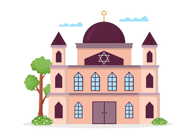 Vector edificio de sinagoga o templo judío con lugar de culto religioso y judío en ilustración dibujada a mano