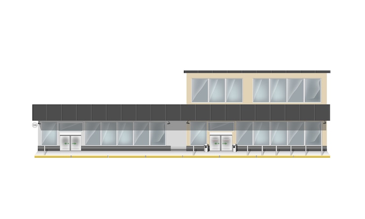 Vector edificio para supermercado o centro de negocios. gran escaparate y puerta de entrada automática. almacenar con ventanas panorámicas.
