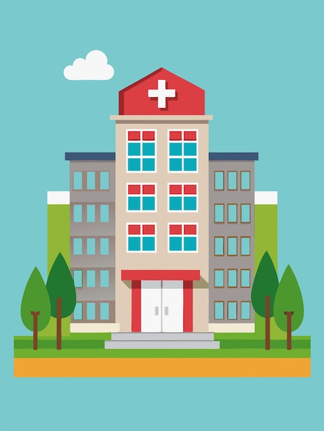 un edificio con un techo rojo y un letrero que dice hospital