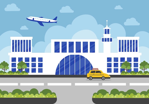Vector edificio de la terminal del aeropuerto con aviones infográficos despegando y diferentes tipos de transporte elementos ilustración