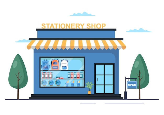 Edificio de la tienda de papelería para comprar útiles escolares en ilustración plana de dibujos animados | Vector Premium Edificio de la tienda de papelería para comprar útiles escolares en ilustración plana de dibujos animados | Vector Premium