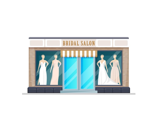 Vector edificio de tienda de salón nupcial. vector escaparate amplio de la fachada de la tienda de bodas y maniquíes en vestidos blancos. ventana frontal de boutique de moda con modelos en vitrina. vestidos de moda para eventos matrimoniales de novias.