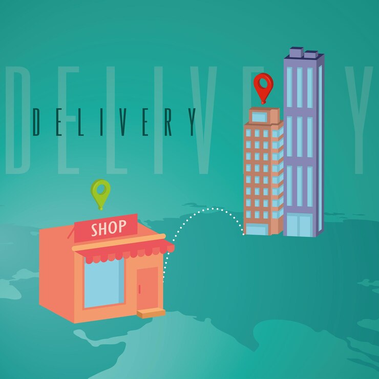 Vector edificio de tiendas conectado a edificios residenciales arte conceptual de entrega ilustración vectorial