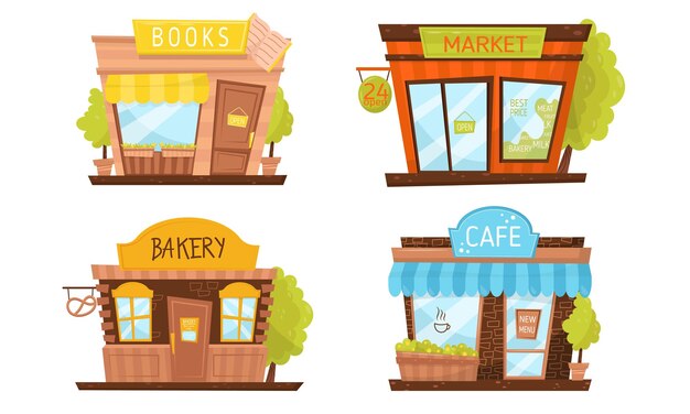 Edificio de tiendas fachada vector ilustrado conjunto de elementos aislados sobre fondo blanco dibujos animados exterior colección de panadería café mercado y librerías ilustración vectorial plana aislada