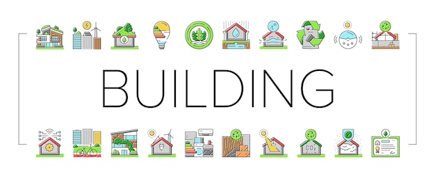 edificio verde ciudad eco oficina iconos conjunto vector