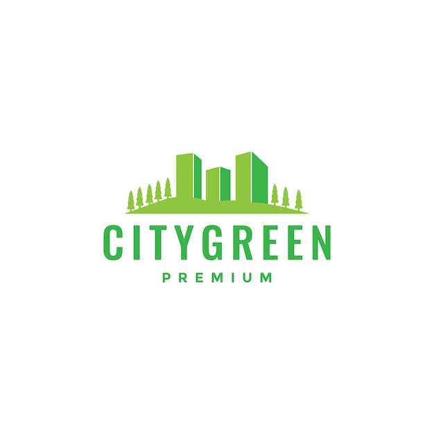 Edificio verde de la ciudad con vector de diseño de logotipo de parque de árboles