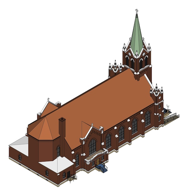 El edificio de las vistas de la iglesia católica desde diferentes lados Ilustración tridimensional sobre un fondo blanco