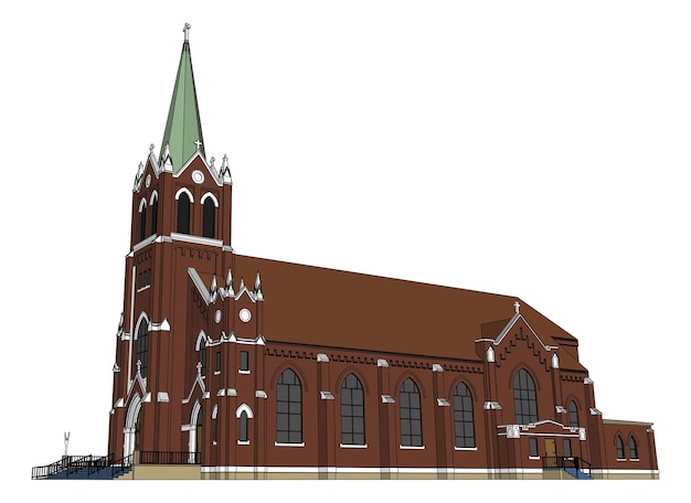 El edificio de las vistas de la iglesia católica desde diferentes lados Ilustración tridimensional sobre un fondo blanco