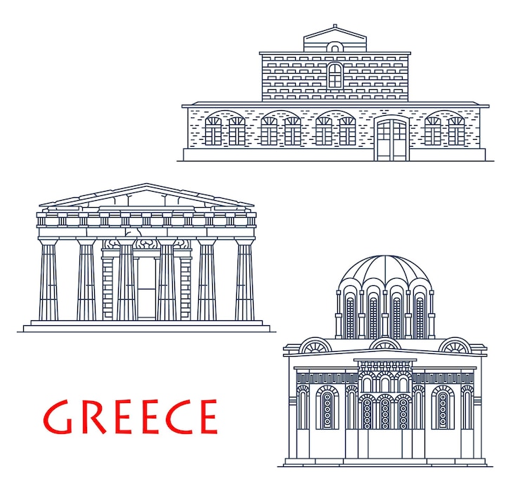 Vector edificios de arquitectura de grecia, monumentos de viajes antiguos griegos, iconos vectoriales. iglesia de san esteban en tesalia, el templo de theseion de hefesto en atenas, el monasterio de nea moni en chios, grecia iconos de línea