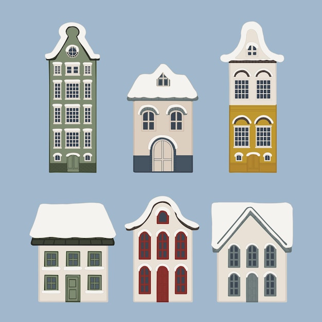 Edificios y casas de estilo holandés de Europa fachada en invierno ilustraciones dibujadas a mano elementos de colección