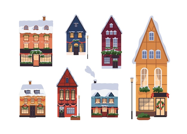 Vector edificios de casas europeas con decoración navideña en las fachadas. casas antiguas de la ciudad con nieve en el techo, decoradas para navidad, vacaciones de invierno. ilustraciones vectoriales gráficas planas aisladas en fondo blanco.