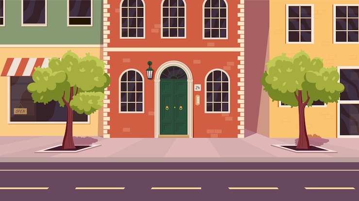 Vector edificios de la ciudad cerca del concepto de carretera paisaje urbano e infraestructura calle de la ciudad con bienes raíces y árboles panorama con tienda y escaparate casa y apartamento ilustración de vector plano de dibujos animados