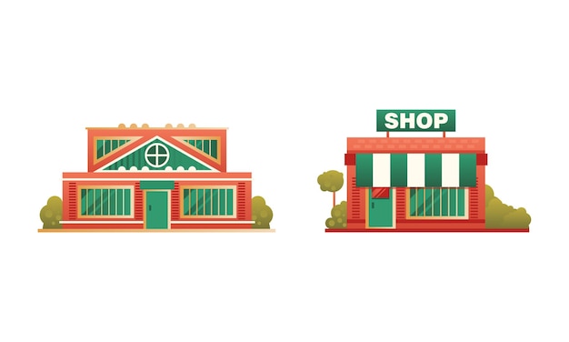 Edificios de la ciudad o suburbanos Conjunto de cabañas tradicionales y edificios de tiendas Ilustración vectorial plana